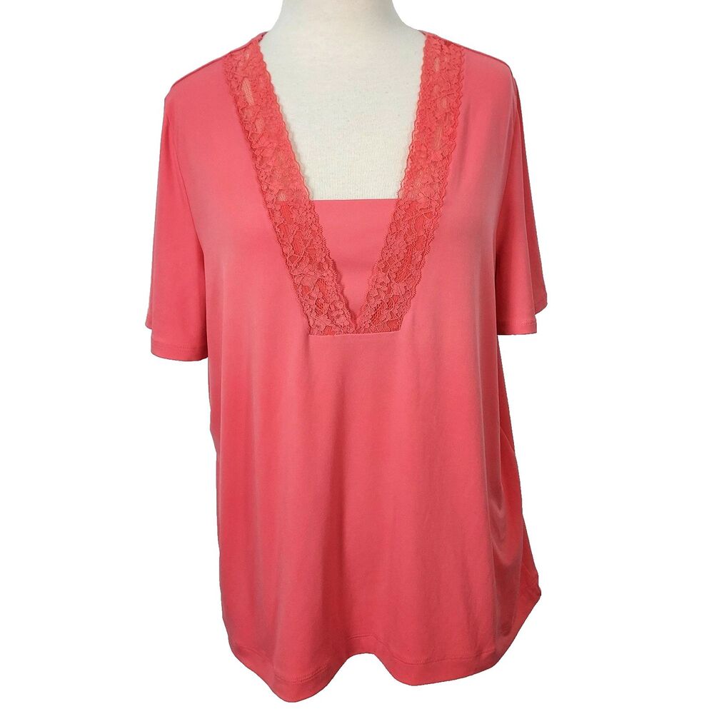 Susan Graver Liquid Knit Women XL Coral Lace Trim Neck Short Flutter Sleeve Top